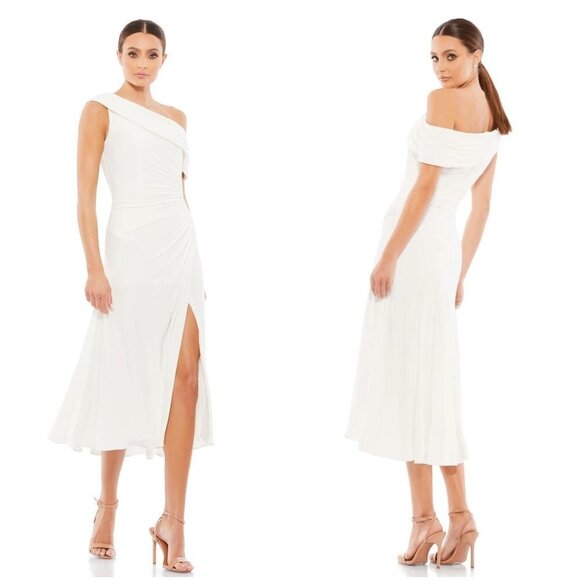 NWT Leena for Mac Duggal White Off Shoulder Tea Length Gown $298 - Picture 1 of 15